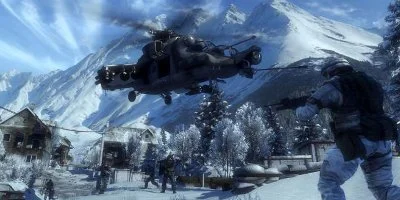 A helicopter hovering above a battle ground