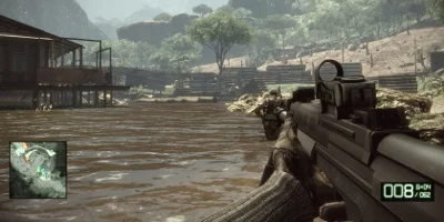 A first-person view of the environment, wielding a gun