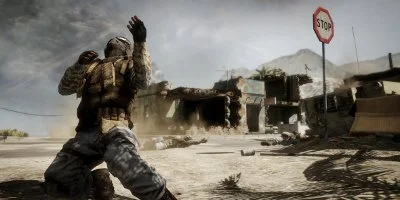 A soldier, falling to the ground after being shot
