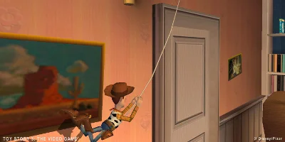 Woody, swinging across a room