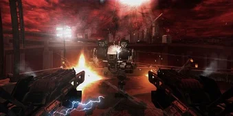 The player firing at enemies with dual-wielded weapons