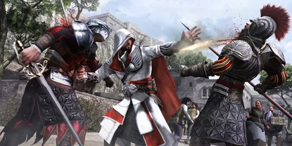 The player's character, fighting off a pair of enemies