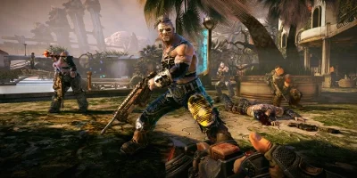 A group of armored people, wielding various weapons