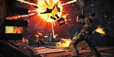 An enemy being blown apart by an explosion in mid-air