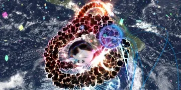 An almost caterpillar-like trail of black, glowing cubes, couressing around