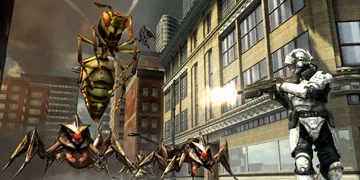 One soldier, firing as he runs from a group of very vicious-looking enemies