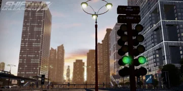 A view of an inner-city street with a drag-racing start light to the right of the picture