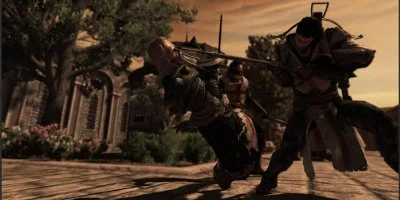 A warrior striking down his opponent with a large weapon