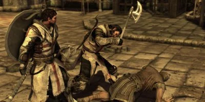 One of two warriors, about to strike down a man with his axe