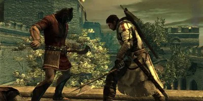 A warrior fighting one-on-one with an enemy, both wielding axes