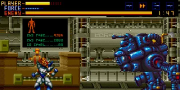 The player, taking on a large robotic enemy