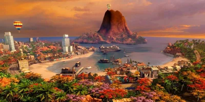 A scenic view of a city, before a large mountain, rising out of the sea