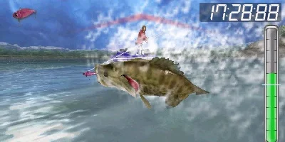 A huge Bass jumps out of the water