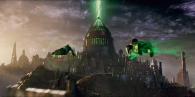 Green Lantern Flying Over City
