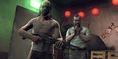 Kane & Lynch walking towards camera, lynch armed with a rifle