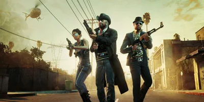 Three character, walking the street with weapons, with a helicopter flying above them