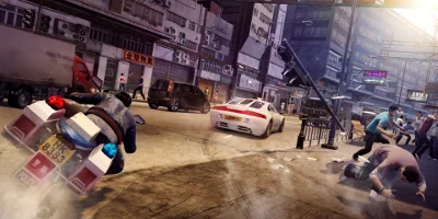 car and motor bike chase scene