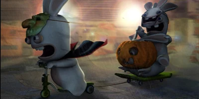 One Raving Rabbids on a scooter, pulling two others along on a skateboard