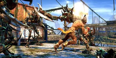 The player's character, fighting off a group of enemies