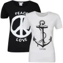 Taylor Women's 2-Pack Peace And Anchor Graphic T-Shirts - Black & White - S - Black/White Image 1