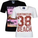 Pure Juice Women's 2 Pack Hawaiian & Huntingdon Beach Graphic T-Shirt - Black/White - S - Black/White Image 1
