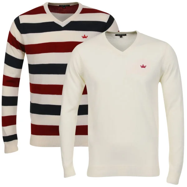 Brave Soul Men's 2 Pack V Neck Knit - Off White, Navy & Red Stripe - S - Red / Navy Image 1