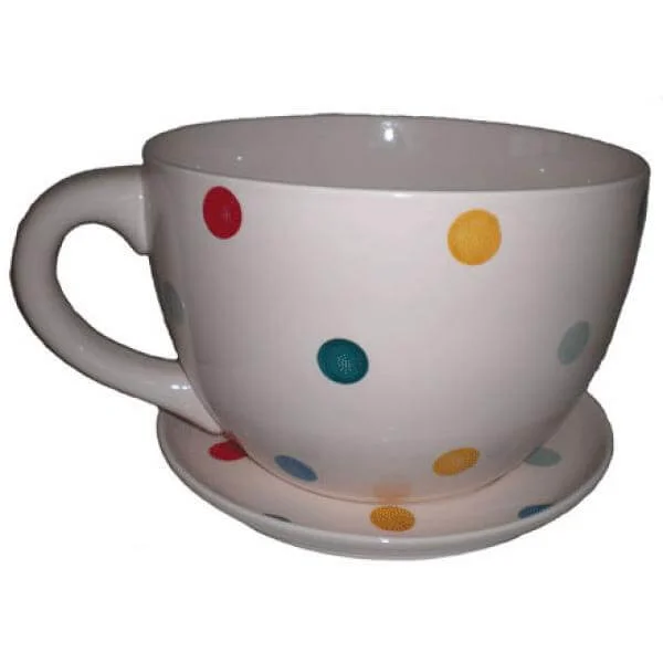 Giant Cream with Multi Coloured Spots Tea Cup and Saucer Planter - Great Gift Image 1