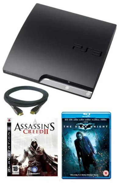 Playstation 3 PS3 Slim 120GB Console: Bundle (including Dark Knight Blu Ray, Assassins Creed 2 & 2M HDMI Cable) Image 1