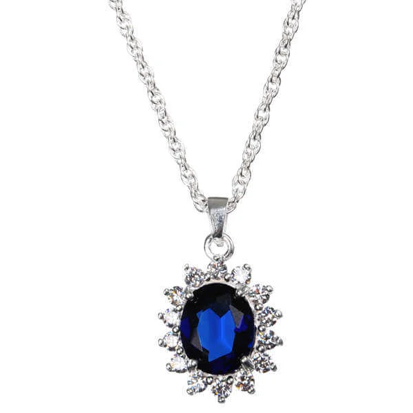 Silver Plated Pendant Necklace with Sapphire Effect Centre - in the style of Kate Middleton - One Size - Silver Image 1