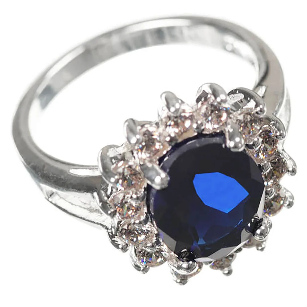 Silver Plated Ring with Blue Sapphire Stone Effect Centre - in the style of Kate Middleton - J Image 1
