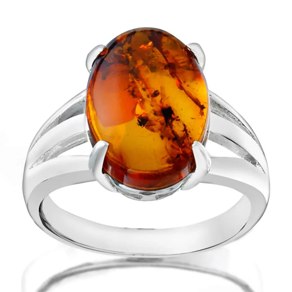 Silver Plated Genuine Oval Amber Ring - J Image 1