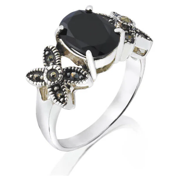 Silver Plated Genuine Oval Onyx Ring - J Image 1
