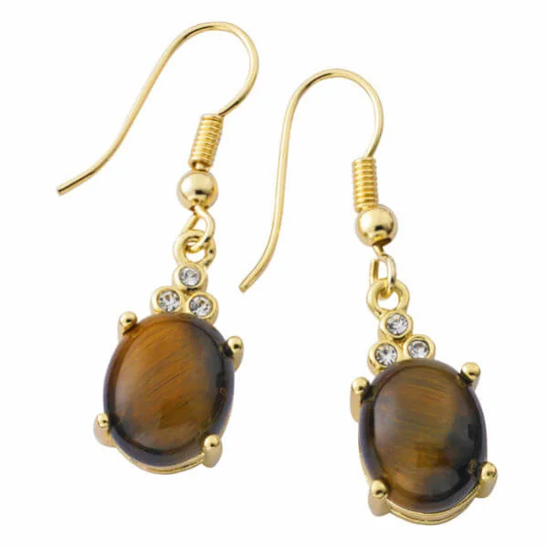 Gold Plated Genuine Oval Tiger Eye Earrings - One Size Image 1