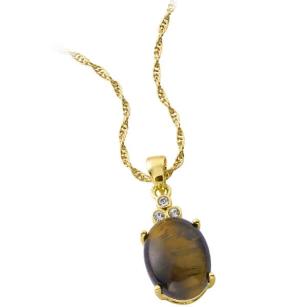 Gold Plated Genuine Oval Tiger Eye Pendant - One Size Image 1
