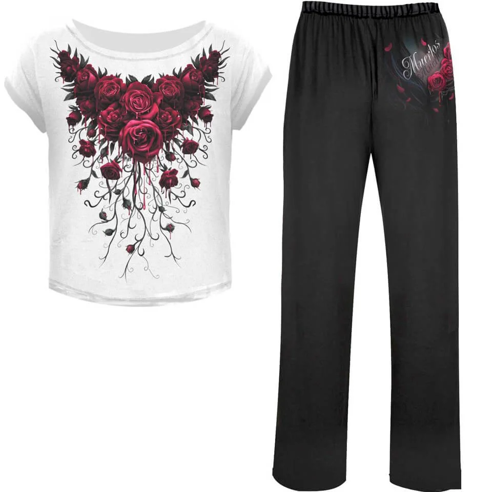 Spiral Women's BLOOD ROSE 4 Piece Gothic Pyjama Set - M - Black/White Image 1