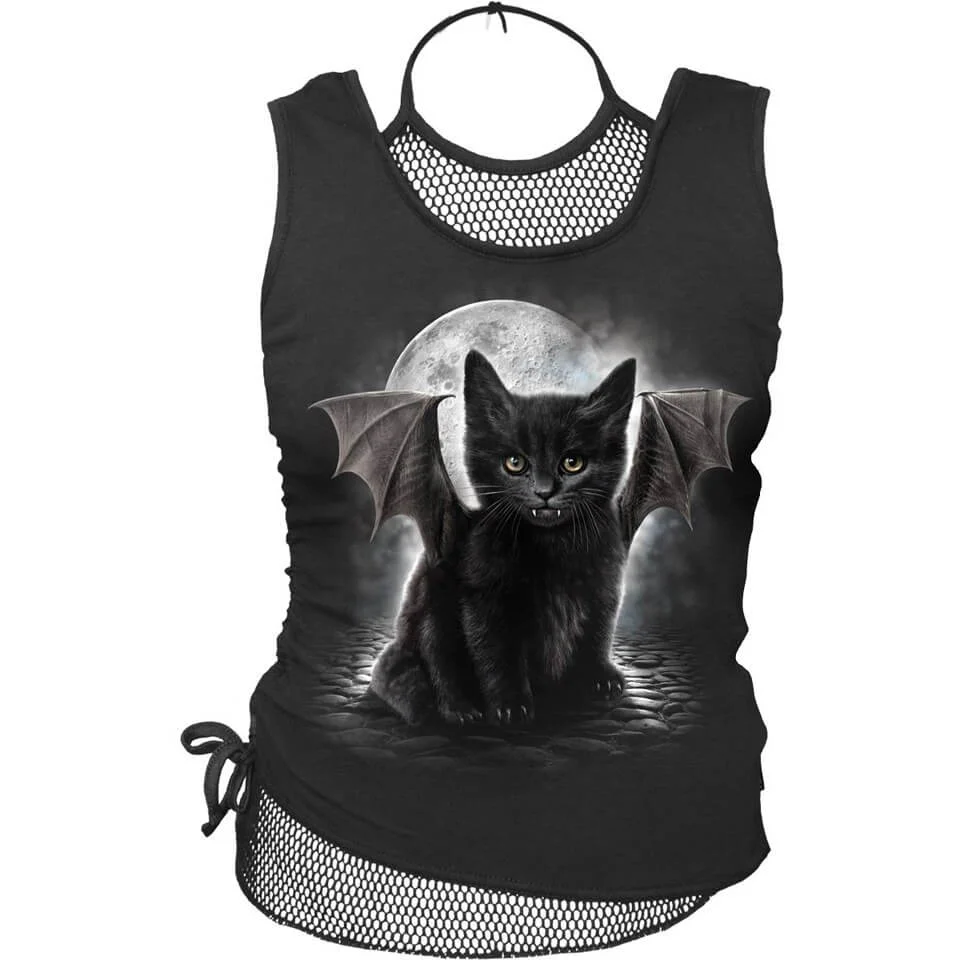 Spiral Women's BAT CAT 2 in 1 Neck Tie Mesh Top - Black - M - Black Image 1