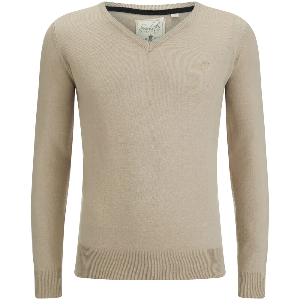 Soul Star Men's Alpha V Neck Jumper - Stone - M - Stone Image 1