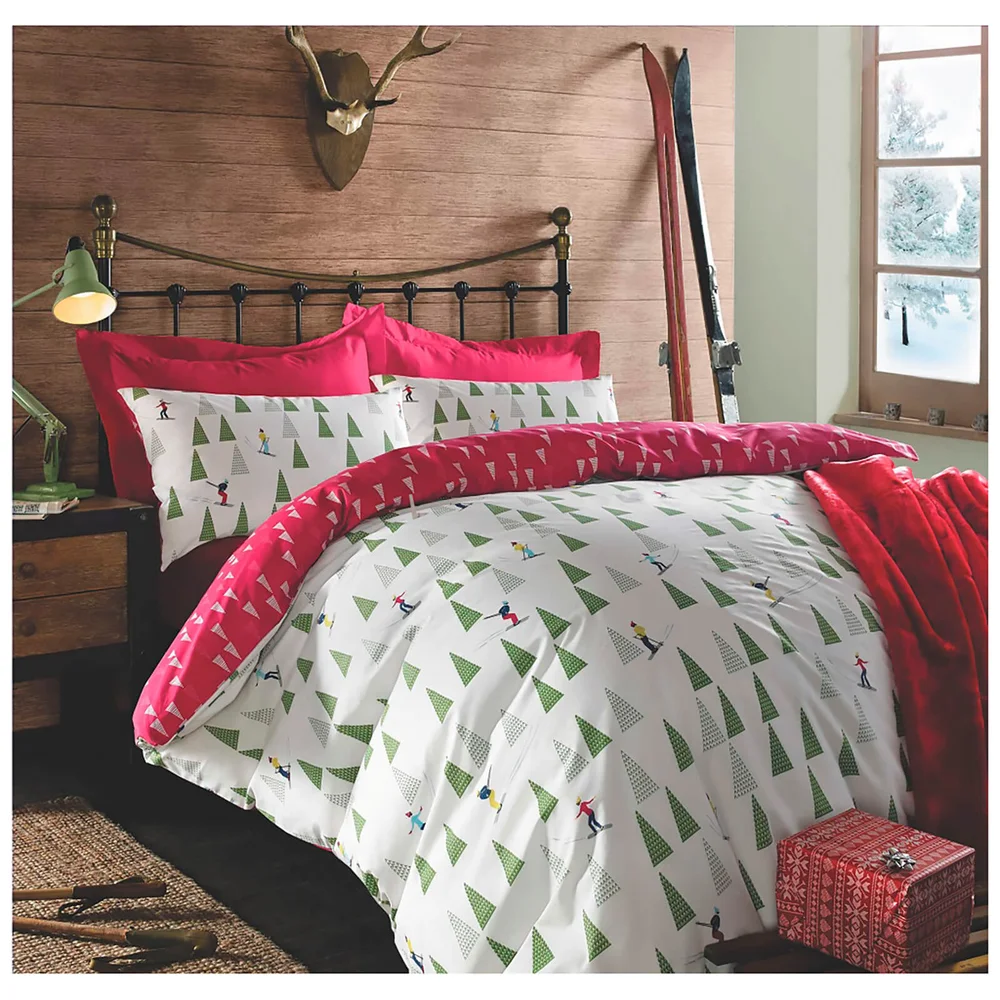 Dreamscene Christmas Ski Duvet Set - Red - Double Image 1