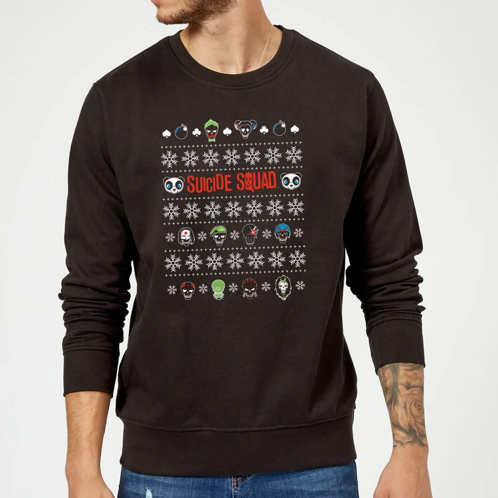 DC Comics Suicide Squad Harley Joker Panda Faces Black Christmas Jumper - S Image 1