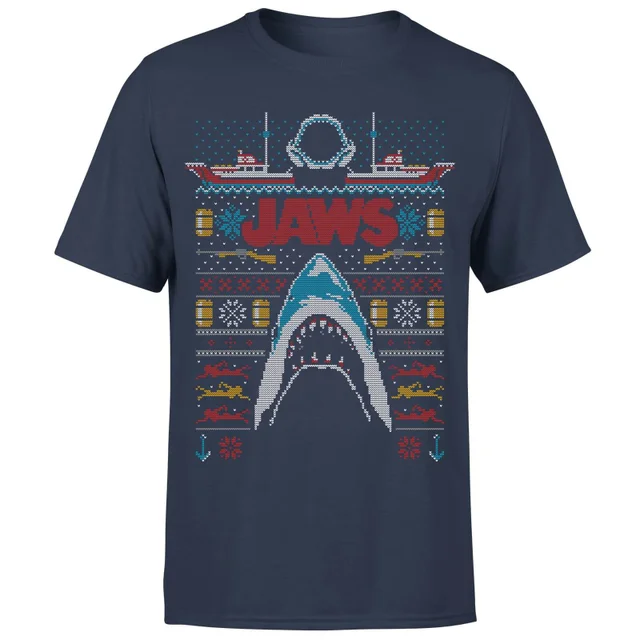 Jaws Fairisle Men's Christmas T-Shirt - Navy