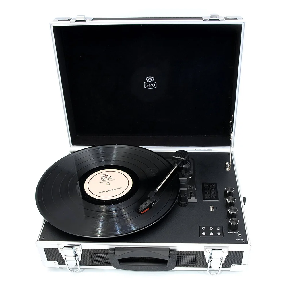 GPO Retro Flight Case 3-Speed Vinyl Turntable with Built-In Speakers - Black/Silver Image 1