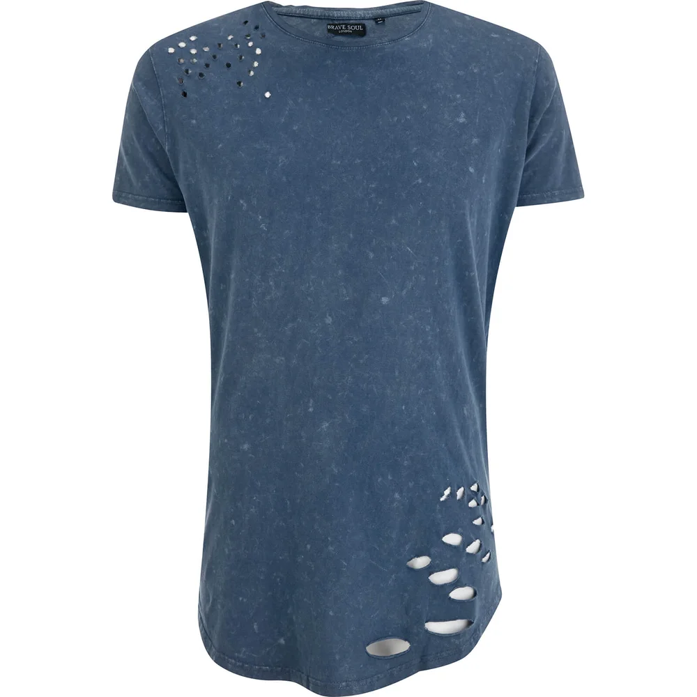 Brave Soul Men's Genko Acid Wash Distressed T-Shirt - Blue - S - Blue Image 1