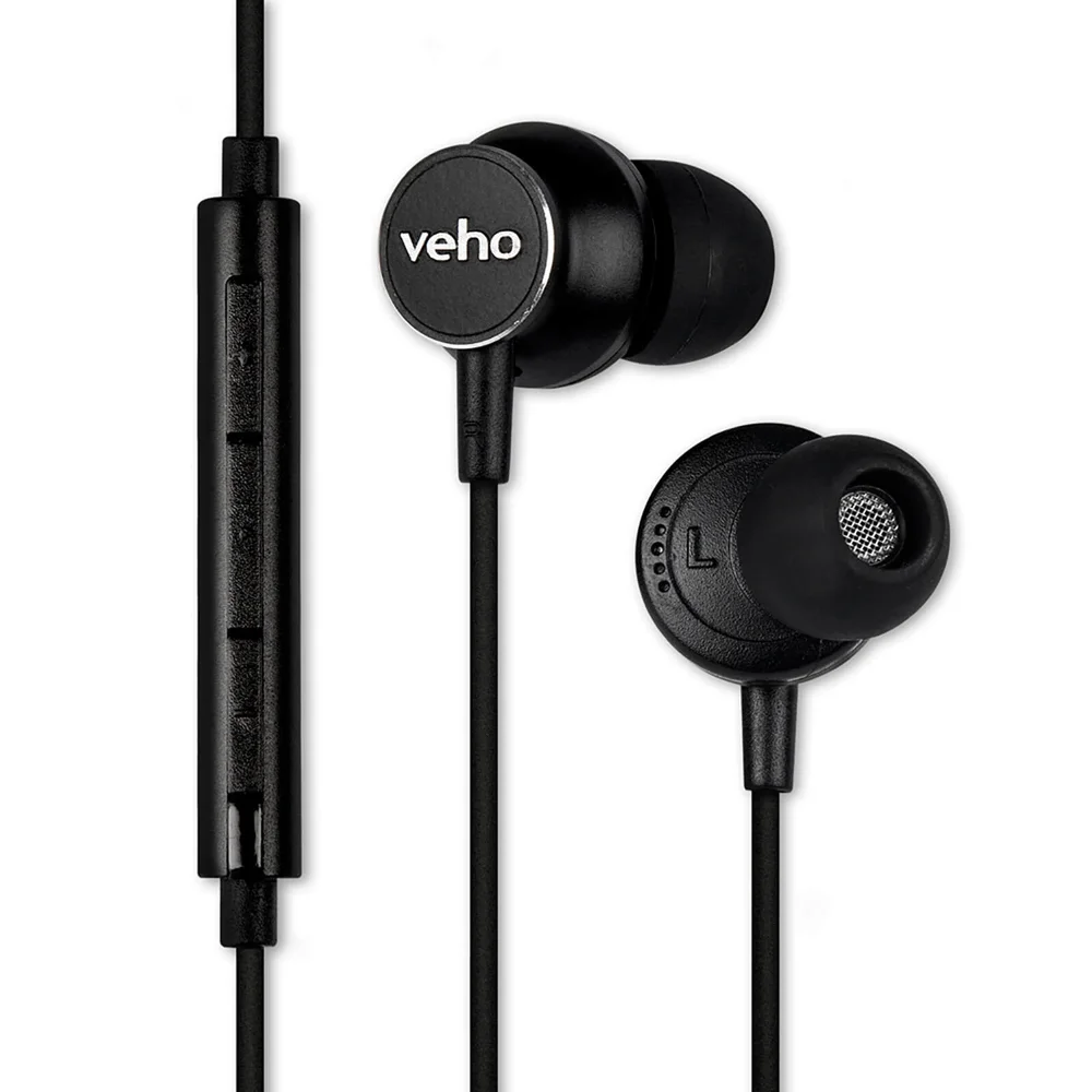 Veho Z3 Noise Isolating Stereo Earphones with Flat Flex Anti Tangle Cord (In-Line Control and Microphone) - Black Image 1