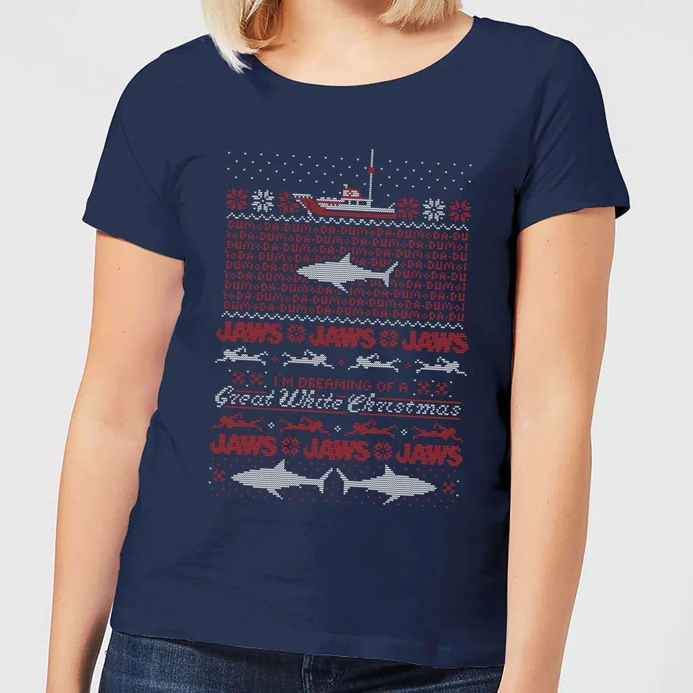 Jaws Great White Christmas Women's T-Shirt - Navy - S Image 1