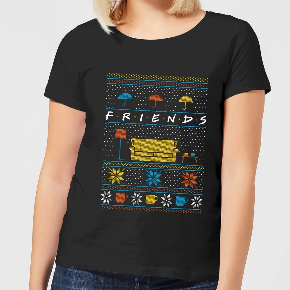 Friends Sofa Knit Women's Christmas T-Shirt - Black - XS Image 1