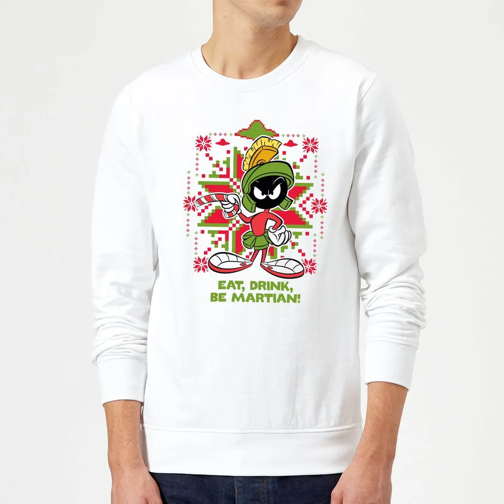 Looney Tunes Eat Drink Be Martian Christmas Jumper - White - S Image 1