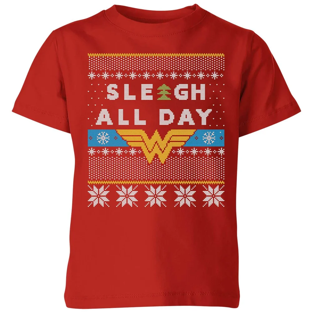 Wonder Woman 'Sleigh All Day Kids' Christmas T-Shirt - Red - 3-4 Years Image 1