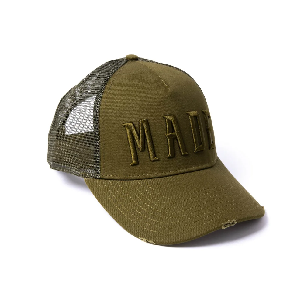 Milliner Military Olive Distressed Cotton Trucker Made 3D Embroidered Image 1