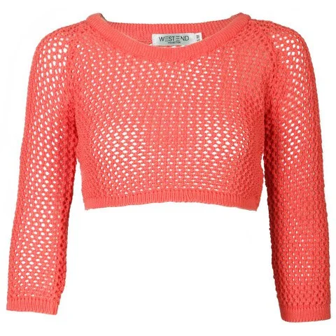 Moku Women's Crop Crochet Open Knit Jumper - Coral - S-M - Coral Image 1