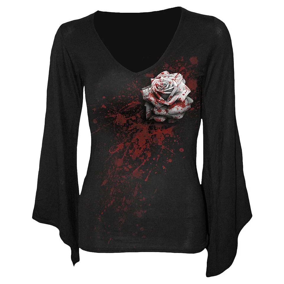 Spiral Women's WHITE ROSE V Neck Goth Sleeve Top - Black - M - Black Image 1